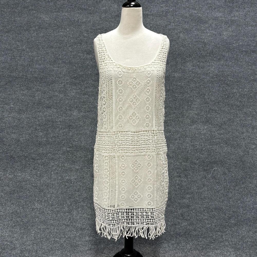 Lauren Ralph Lauren Petite Dress Womens PM White Pearl Crochet Tank Shift Fringe